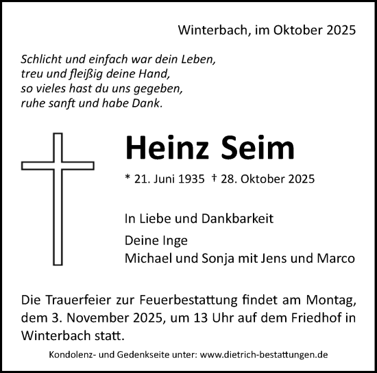 Traueranzeige von Heinz Seim von Waiblinger Kreiszeitung