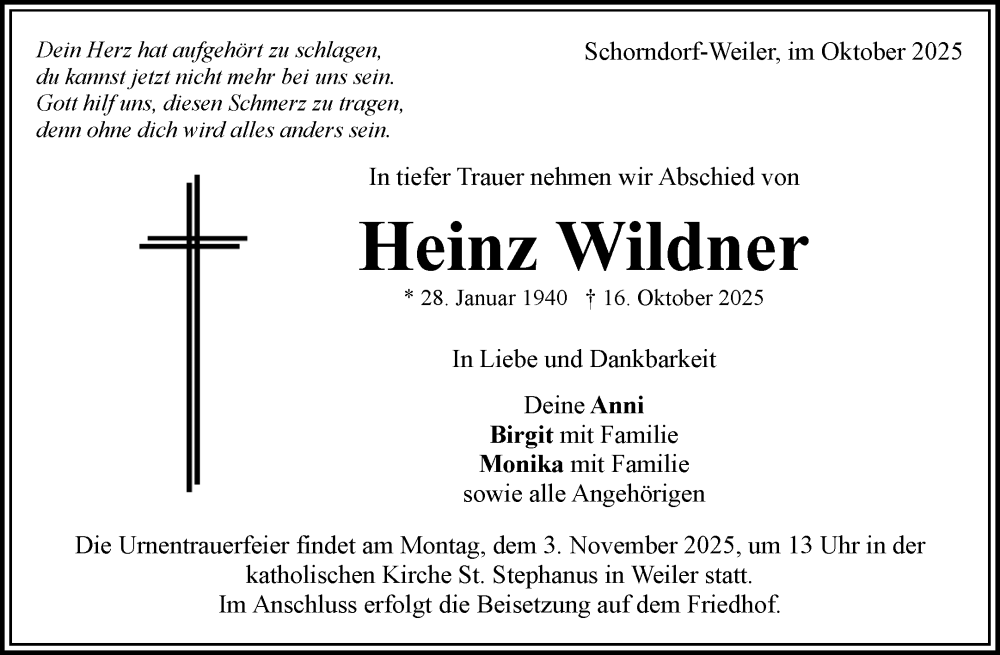  Traueranzeige für Heinz Wildner vom 28.10.2025 aus Waiblinger Kreiszeitung