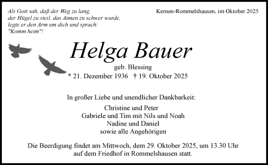 Traueranzeige von Helga Bauer von Waiblinger Kreiszeitung