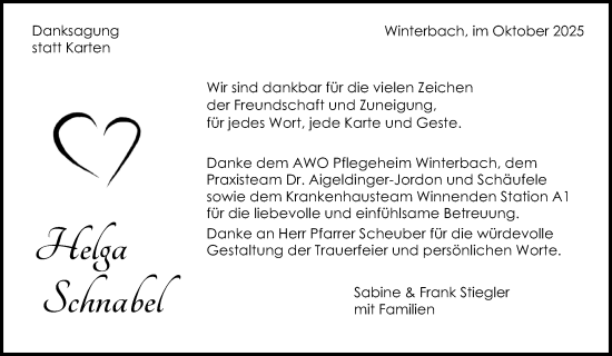 Traueranzeige von Helga Schnabel von Waiblinger Kreiszeitung