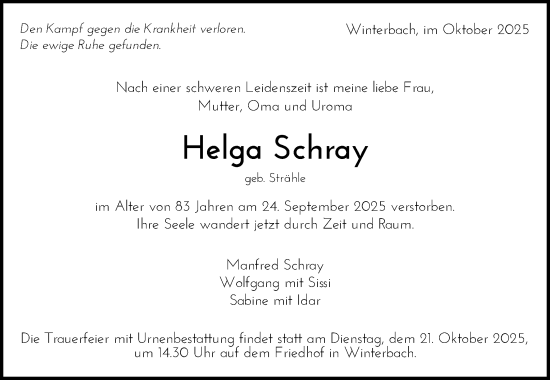 Traueranzeige von Helga Schray von Waiblinger Kreiszeitung