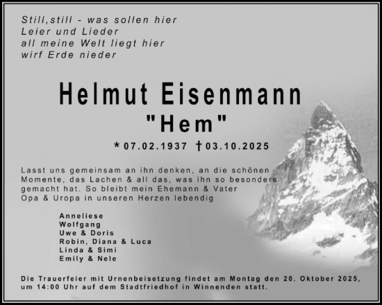 Traueranzeige von Helmut Eisenmann von Waiblinger Kreiszeitung