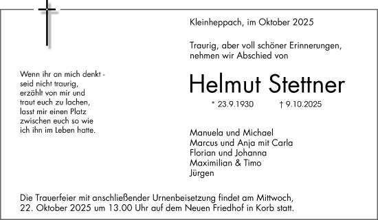 Traueranzeige von Helmut Stettner von Waiblinger Kreiszeitung