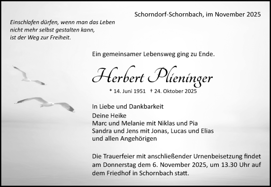 Traueranzeige von Herbert Plieninger von Waiblinger Kreiszeitung