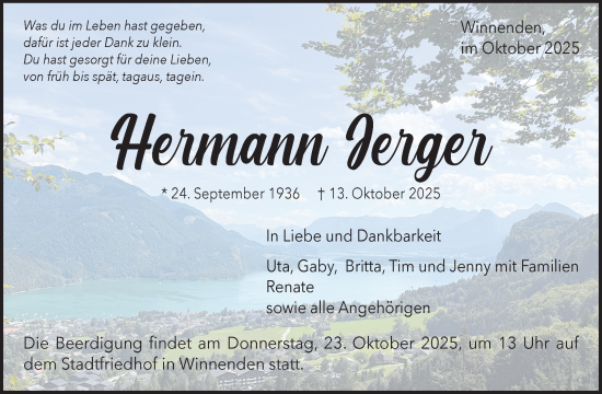 Traueranzeige von Hermann Jerger von Waiblinger Kreiszeitung