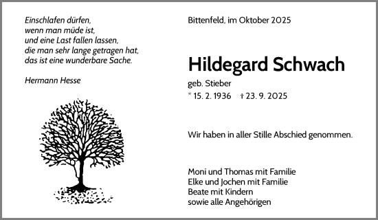 Traueranzeige von Hildegard Schwach von Waiblinger Kreiszeitung
