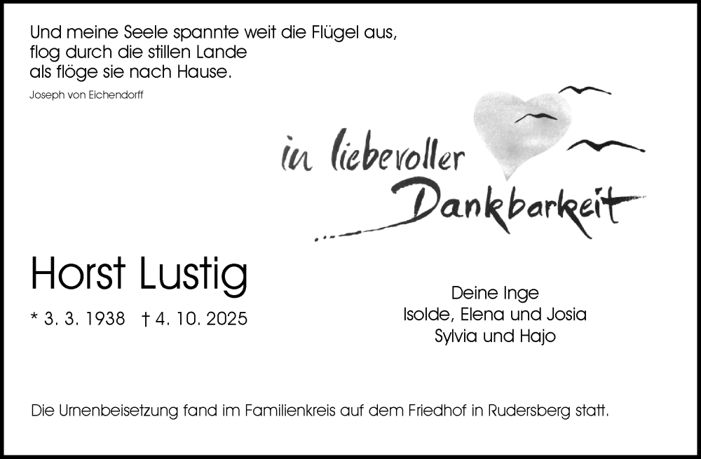  Traueranzeige für Horst Lustig vom 25.10.2025 aus Waiblinger Kreiszeitung