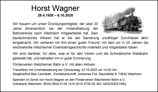 Traueranzeige von Horst Wagner von Waiblinger Kreiszeitung