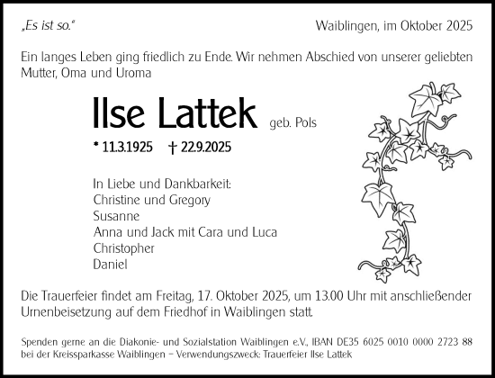 Traueranzeige von Ilse Lattek von Waiblinger Kreiszeitung