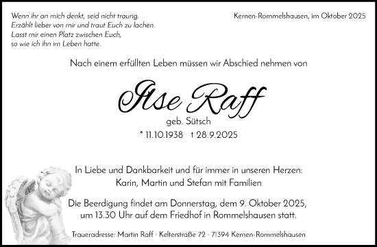 Traueranzeige von Ilse Raff von Waiblinger Kreiszeitung
