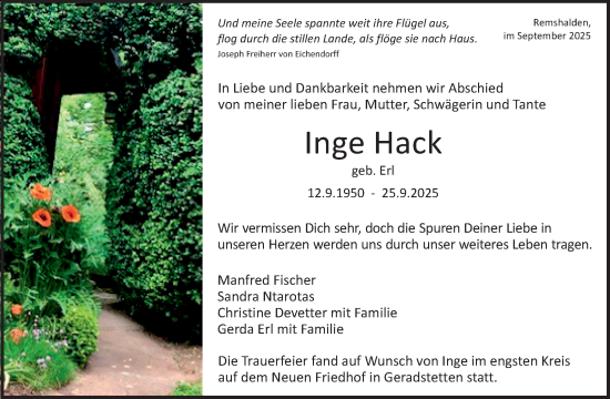 Traueranzeige von Inge Hack von Waiblinger Kreiszeitung
