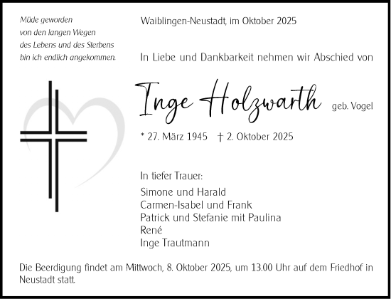 Traueranzeige von Inge Holzwarth von Waiblinger Kreiszeitung