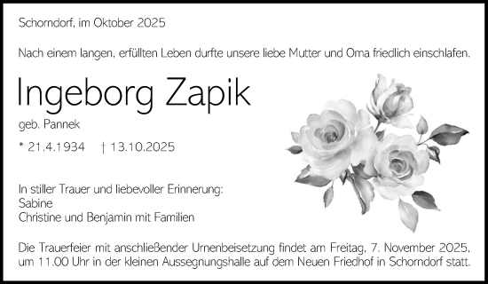 Traueranzeige von Ingeborg Zapik von Waiblinger Kreiszeitung