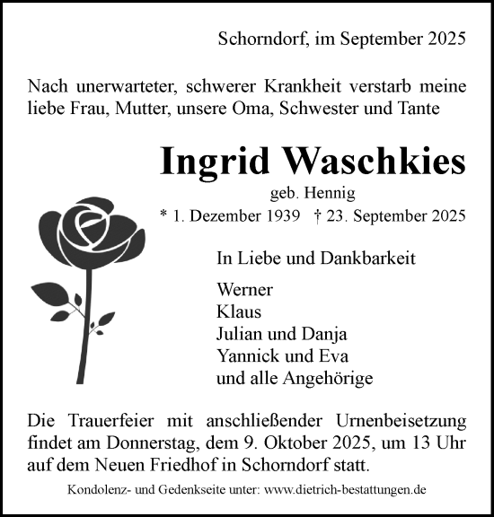 Traueranzeige von Ingrid Waschkies von Waiblinger Kreiszeitung
