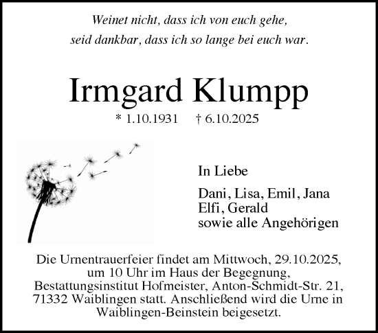 Traueranzeige von Irmgard Klumpp von Waiblinger Kreiszeitung