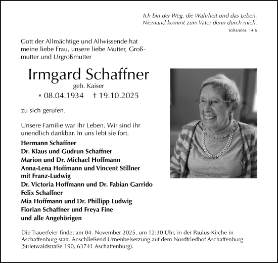 Traueranzeige von Irmgard Schaffner von Waiblinger Kreiszeitung