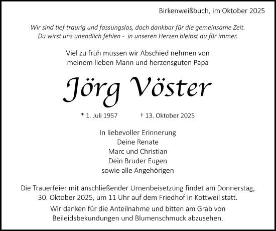 Traueranzeige von Jörg Vöster von Waiblinger Kreiszeitung
