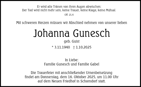 Traueranzeige von Johanna Gunesch von Waiblinger Kreiszeitung