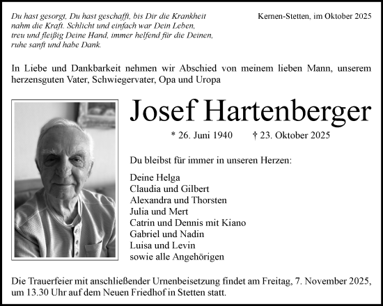 Traueranzeige von Josef Hartenberger von Waiblinger Kreiszeitung
