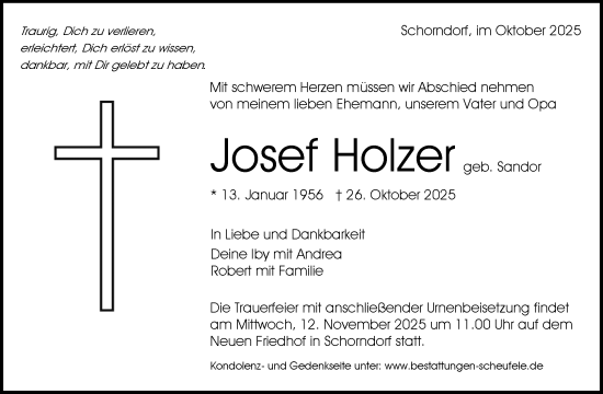 Traueranzeige von Josef Holzer von Waiblinger Kreiszeitung