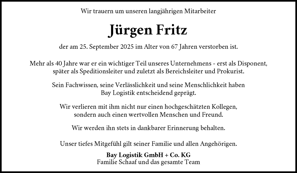  Traueranzeige für Jürgen Fritz vom 02.10.2025 aus Waiblinger Kreiszeitung