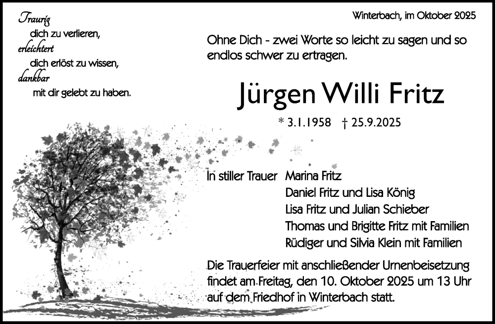  Traueranzeige für Jürgen Willi Fritz vom 02.10.2025 aus Waiblinger Kreiszeitung