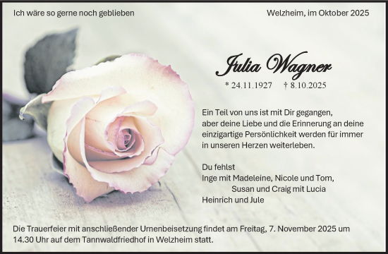 Traueranzeige von Julia Wagner von Waiblinger Kreiszeitung
