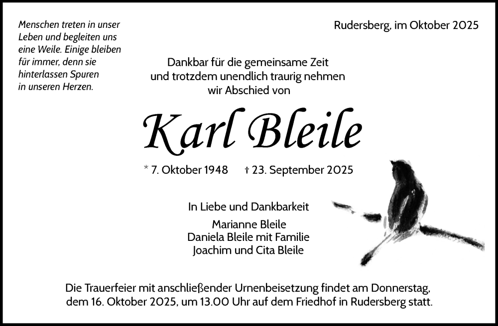  Traueranzeige für Karl Bleile vom 11.10.2025 aus Waiblinger Kreiszeitung