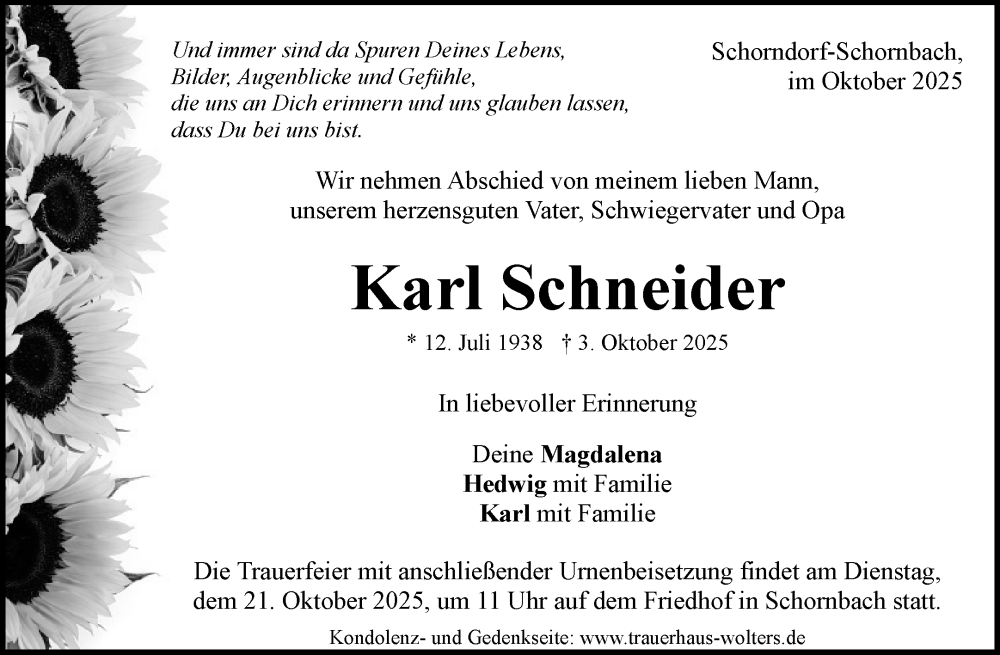  Traueranzeige für Karl Schneider vom 11.10.2025 aus Waiblinger Kreiszeitung