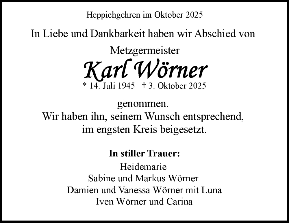  Traueranzeige für Karl Wörner vom 17.10.2025 aus Waiblinger Kreiszeitung