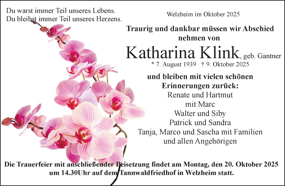  Traueranzeige für Katharina Klink vom 13.10.2025 aus Waiblinger Kreiszeitung