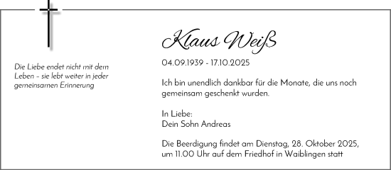 Traueranzeige von Klaus Weiß von Waiblinger Kreiszeitung