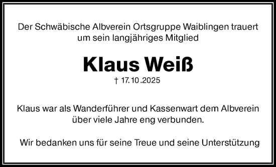 Traueranzeige von Klaus Weiß von Waiblinger Kreiszeitung