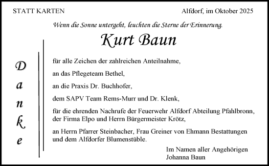 Traueranzeige von Kurt Baun von Waiblinger Kreiszeitung