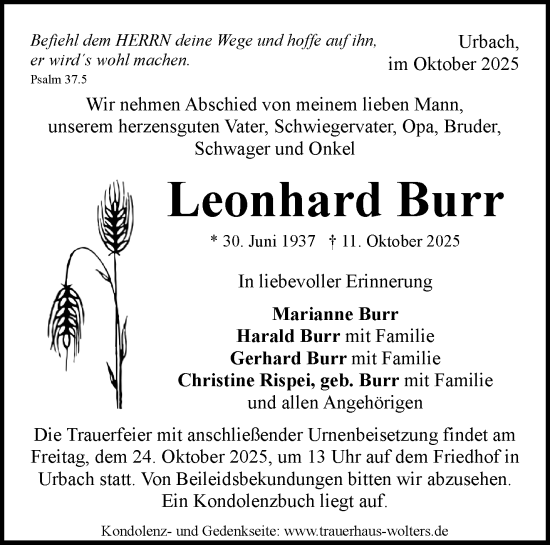 Traueranzeige von Leonhard Burr von Waiblinger Kreiszeitung