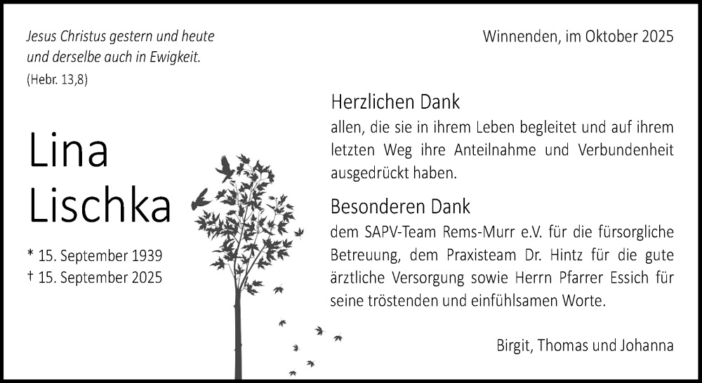  Traueranzeige für Lina Lischka vom 18.10.2025 aus Waiblinger Kreiszeitung