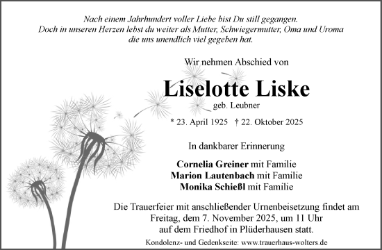 Traueranzeige von Liselotte Liske von Waiblinger Kreiszeitung