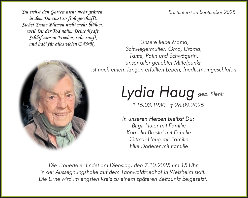  Traueranzeige für Lydia Haug vom 02.10.2025 aus Waiblinger Kreiszeitung