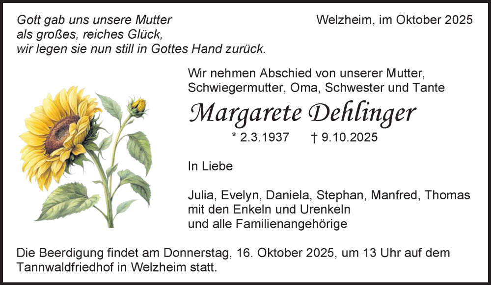 Traueranzeige für Margarete Dehlinger vom 14.10.2025 aus Waiblinger Kreiszeitung