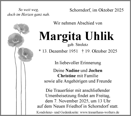 Traueranzeige von Margita Uhlik von Waiblinger Kreiszeitung