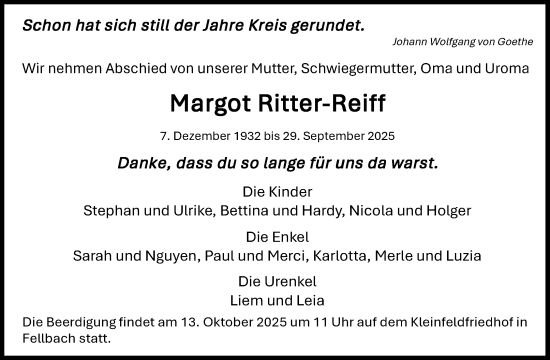 Traueranzeige von Margot Ritter-Reiff von Waiblinger Kreiszeitung