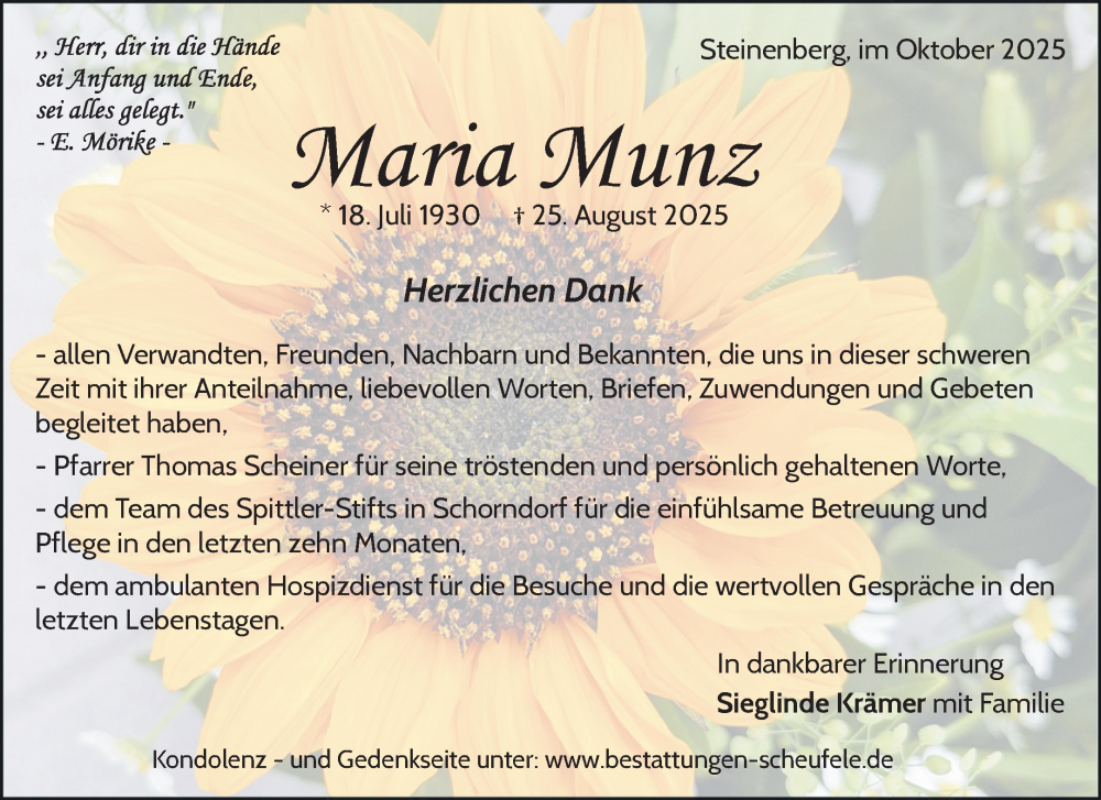  Traueranzeige für Maria Munz vom 04.10.2025 aus Waiblinger Kreiszeitung