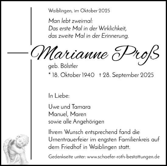 Traueranzeige von Marianne Proß von Waiblinger Kreiszeitung