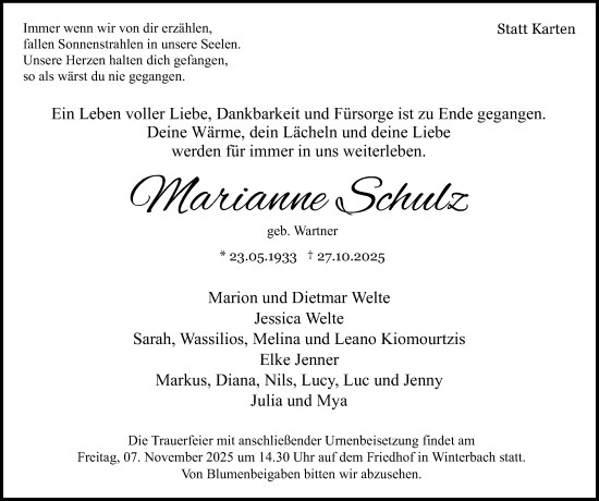 Traueranzeige von Marianne Schulz von Waiblinger Kreiszeitung