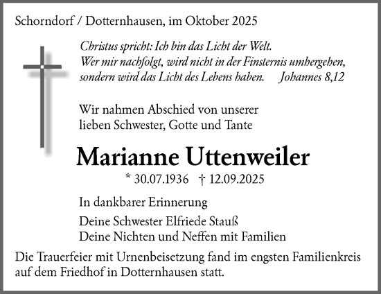 Traueranzeige von Marianne Uttenweiler von Waiblinger Kreiszeitung