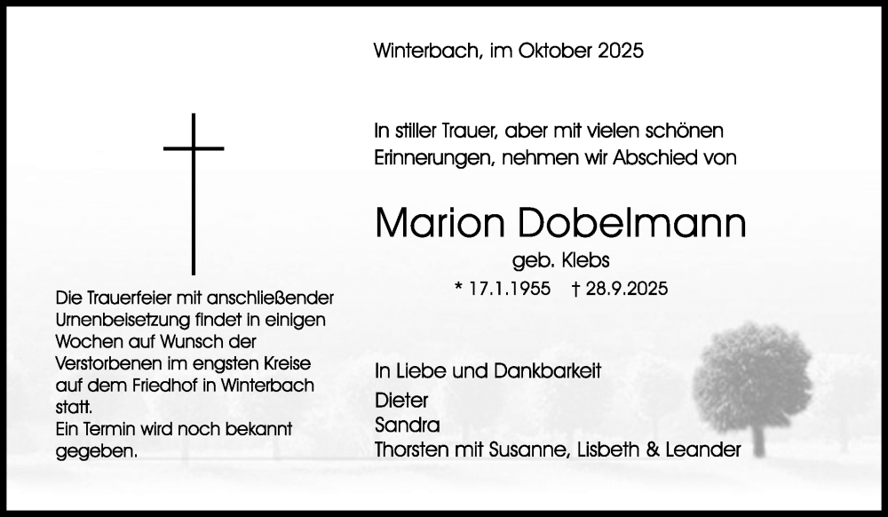  Traueranzeige für Marion Dobelmann vom 11.10.2025 aus Waiblinger Kreiszeitung