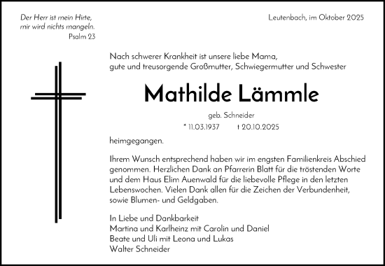 Traueranzeige von Mathilde Lämmle von Waiblinger Kreiszeitung