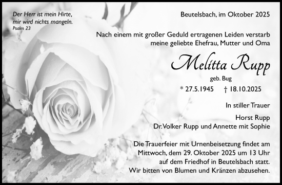 Traueranzeige von Melitta Rupp von Waiblinger Kreiszeitung