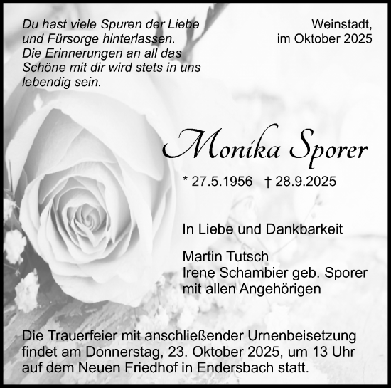 Traueranzeige von Monika Sporer von Waiblinger Kreiszeitung
