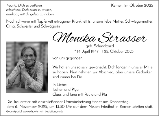 Traueranzeige von Monika Strasser von Waiblinger Kreiszeitung